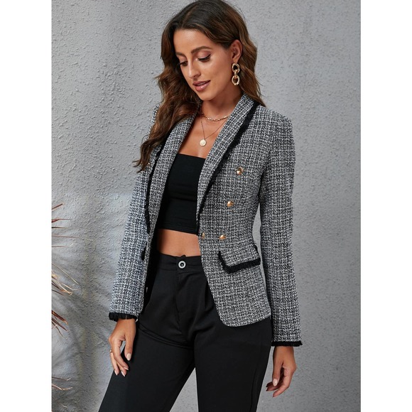 Raw Trim Double Breasted Blazer plaid tweed gray black - Picture 4 of 6